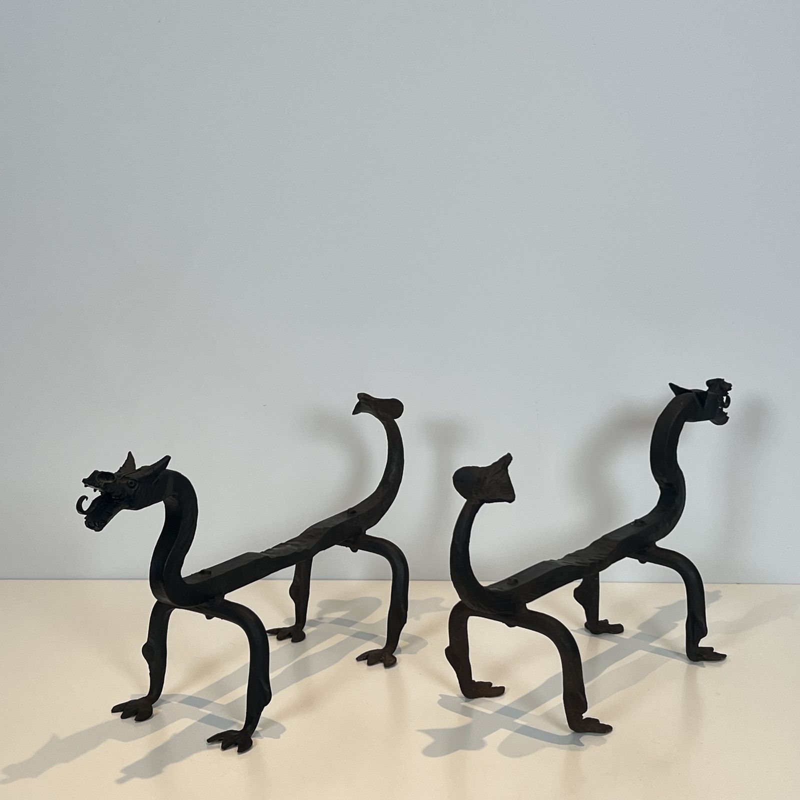 Pair Of Wrought Iron Dragon Andirons photo for sale
