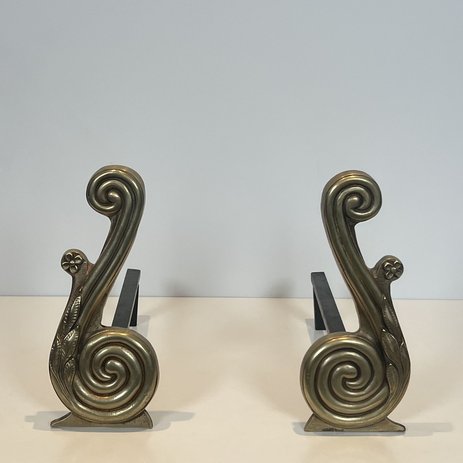 Pair Of Louis XVI Style Andirons In Bronze And Wrought Iron, Signed Armor Din photo furniture