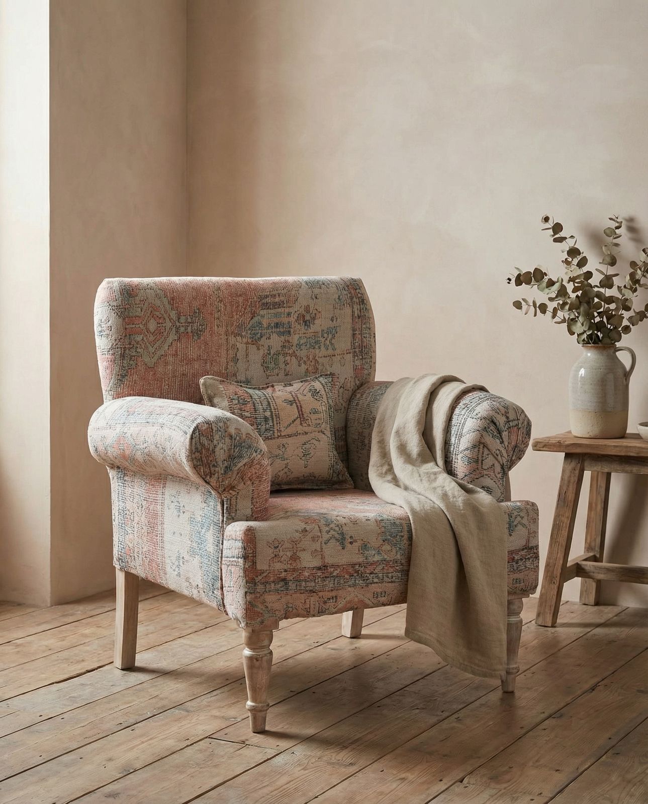 Hand Woven Upholstered Club Armchair – Scroll Arms With Mango Wood Legs