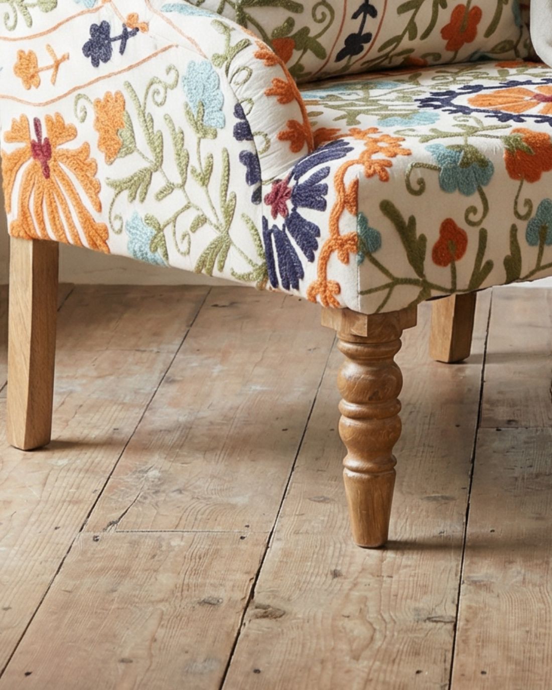 Hand Embroidered Kantha Club Armchair – Floral Upholstery With Mango Wood Legs photo furniture