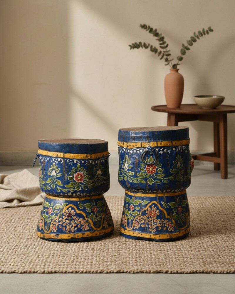 Pair Of Vintage Hand Painted Wooden Stools – Blue Floral Motif With Aged Patina