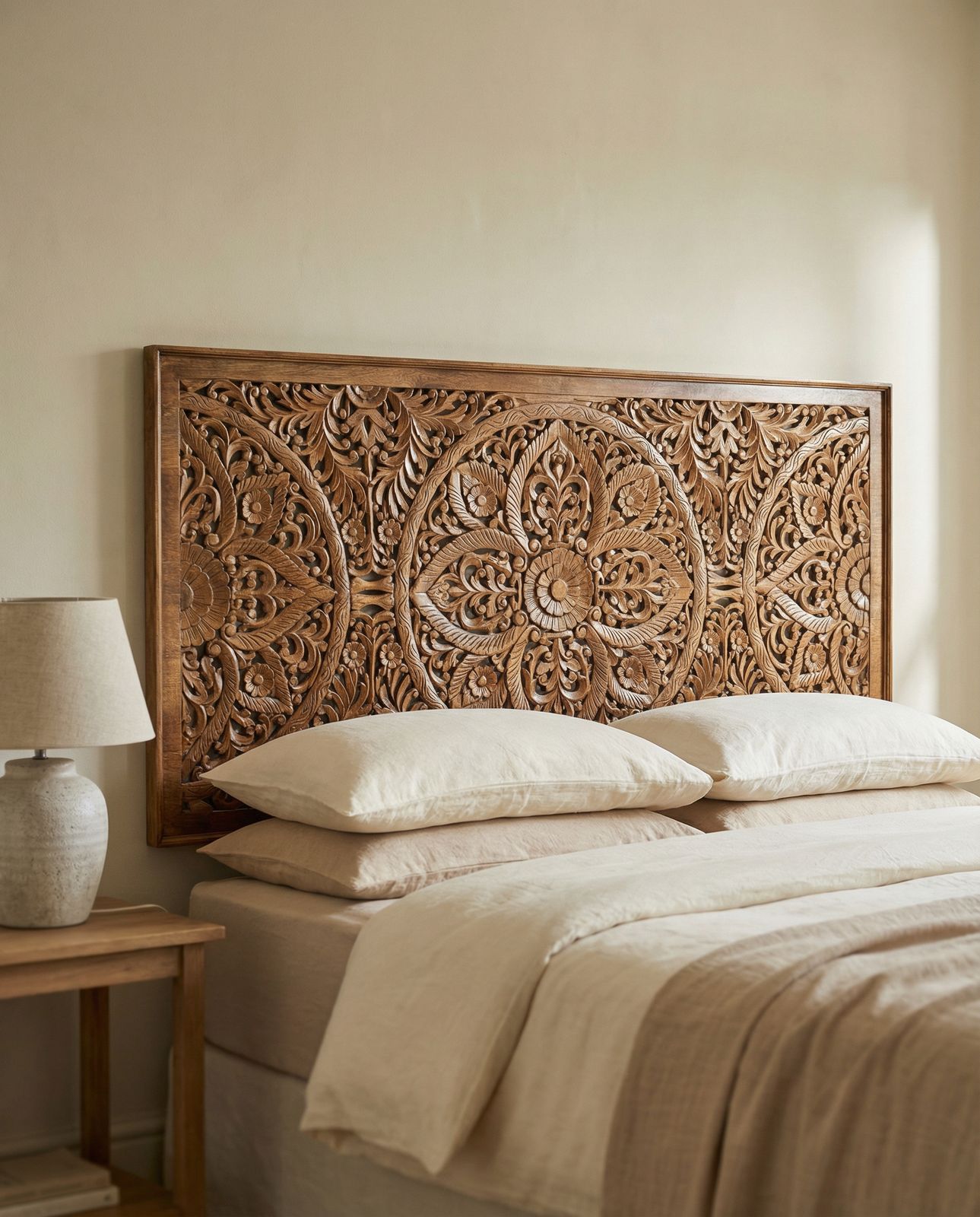 Hand Carved Mango Wood Headboard – Natural Finish Mandala Design