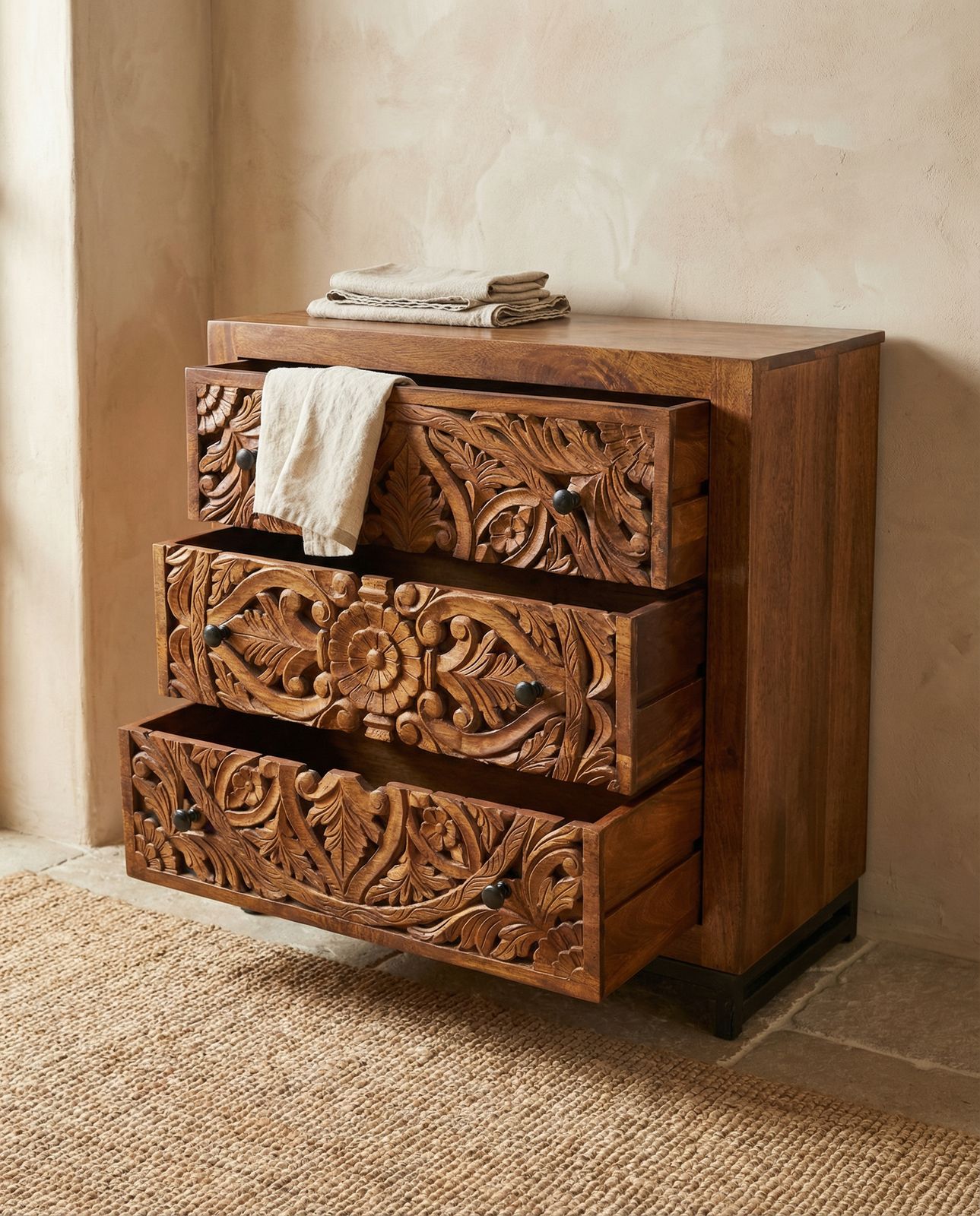 Hand Carved Mango Wood 3 Drawer Chest – Floral Openwork Design photo for sale