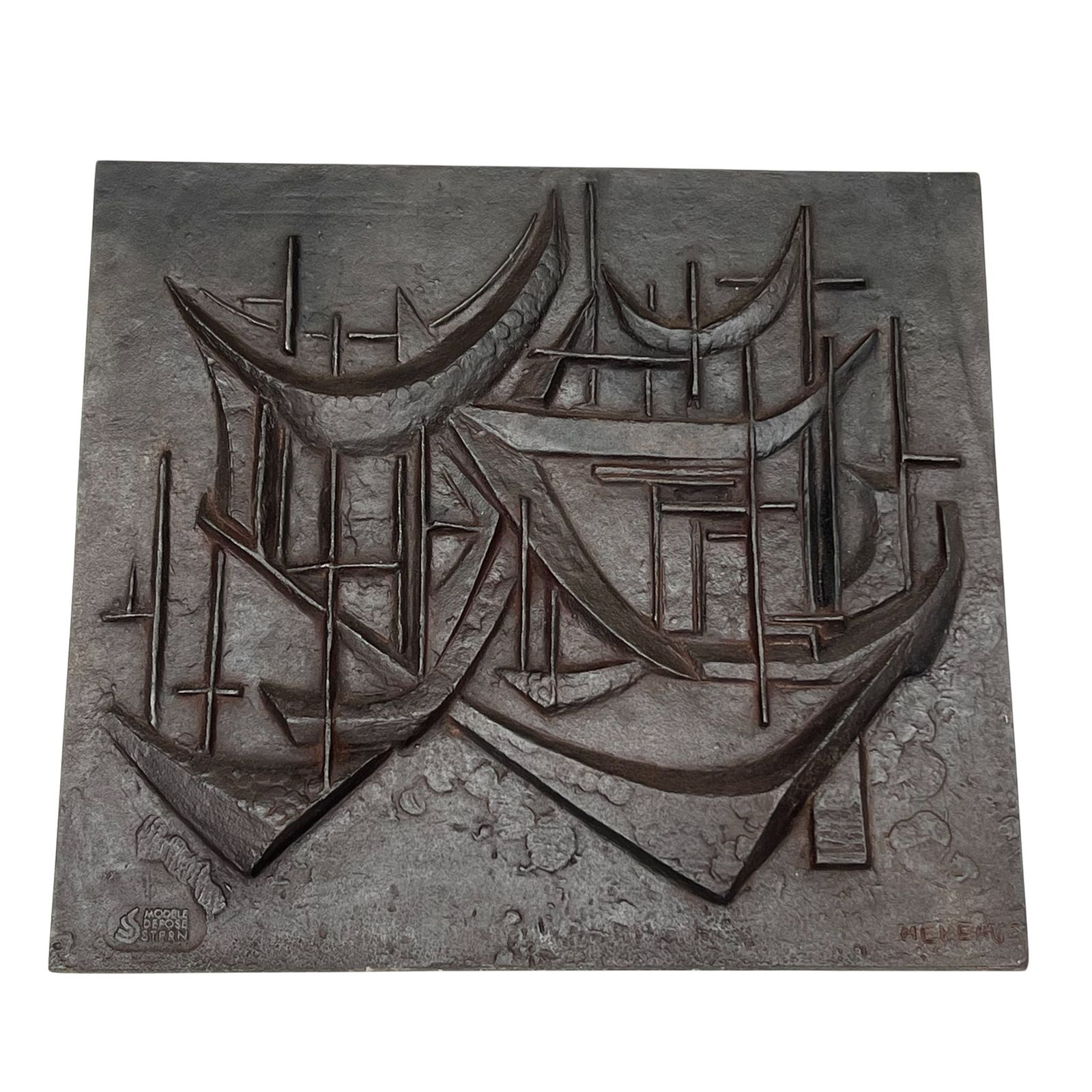 Modernist Cast Iron Fireback "The Sailboats" Signed photo furniture