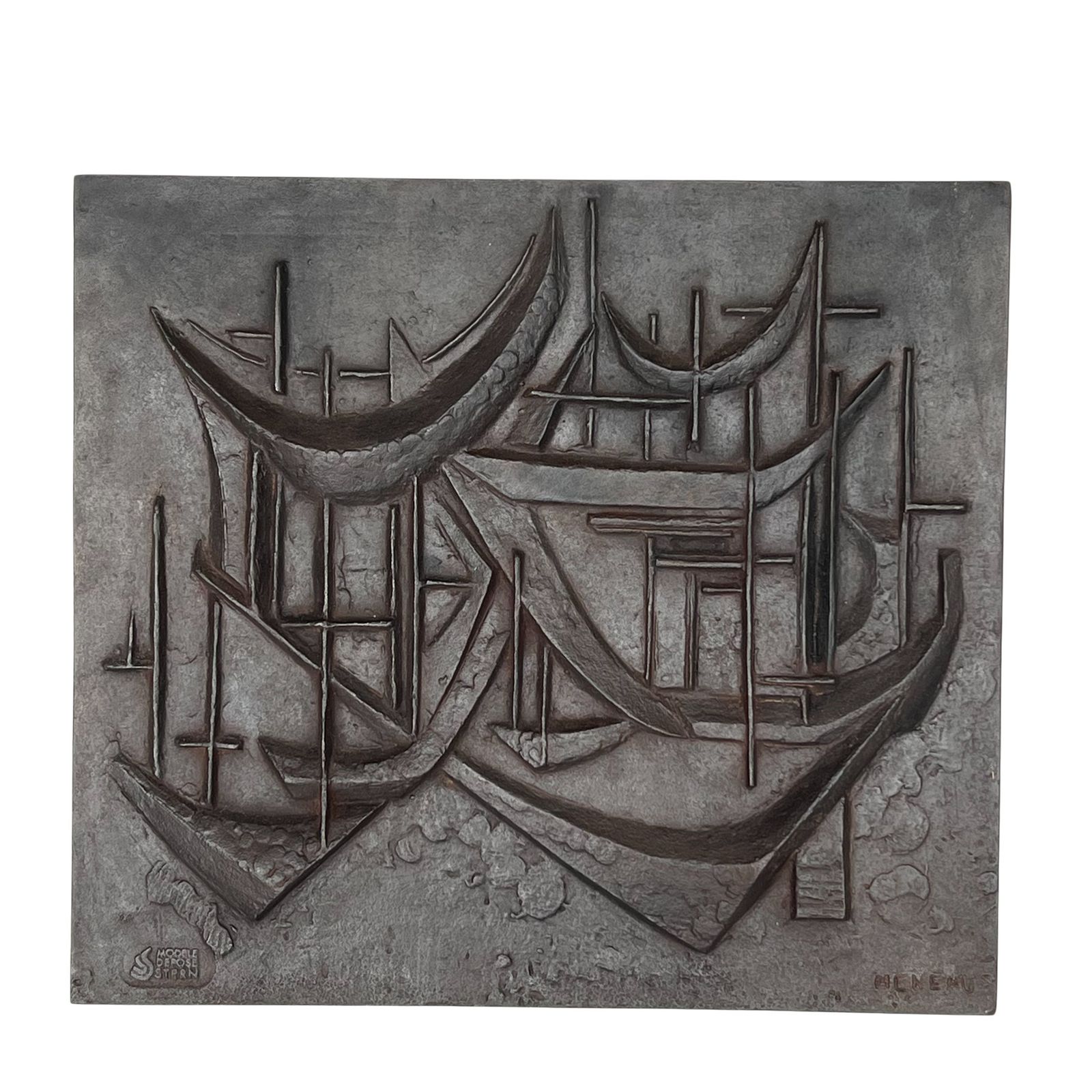 Modernist Cast Iron Fireback "The Sailboats" Signed photo for sale