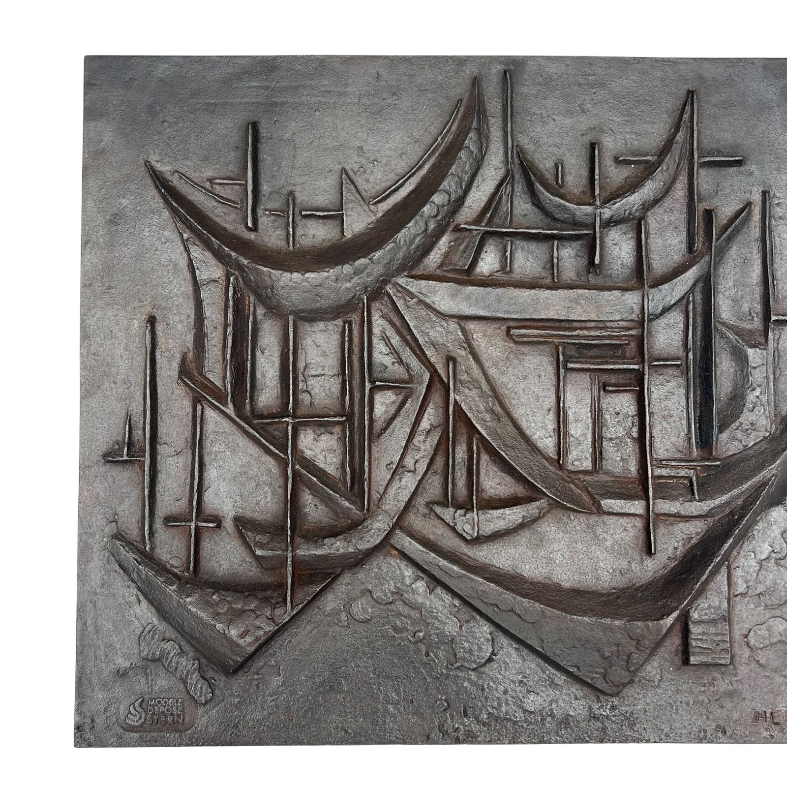 Modernist Cast Iron Fireback "The Sailboats" Signed photo 1650.0