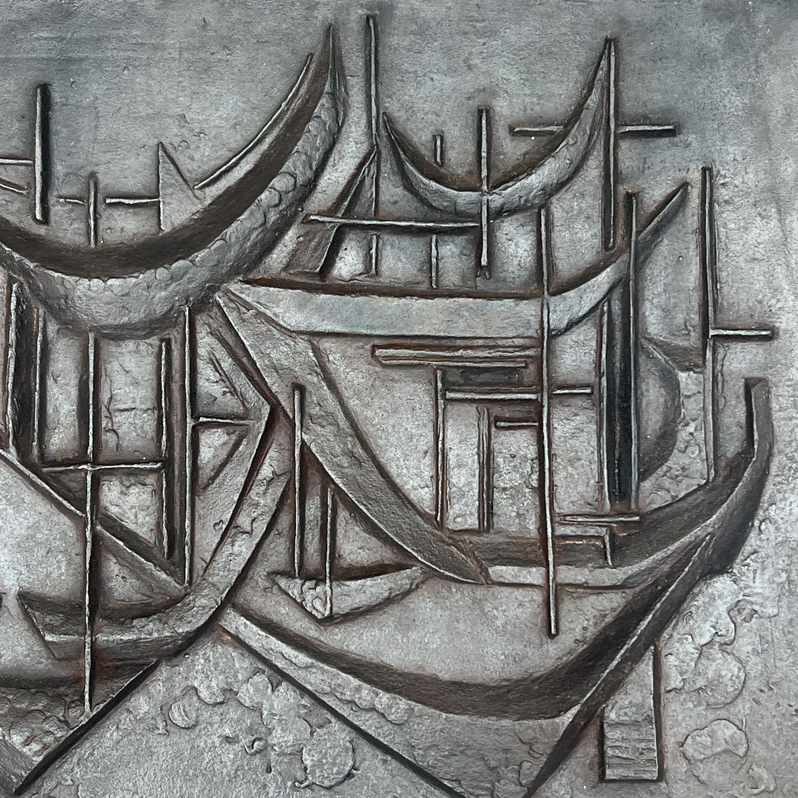 photo for sale Modernist Cast Iron Fireback "The Sailboats" Signed