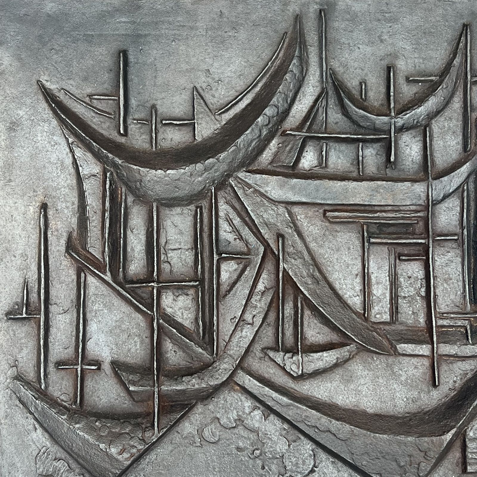 photo vinterior Modernist Cast Iron Fireback "The Sailboats" Signed