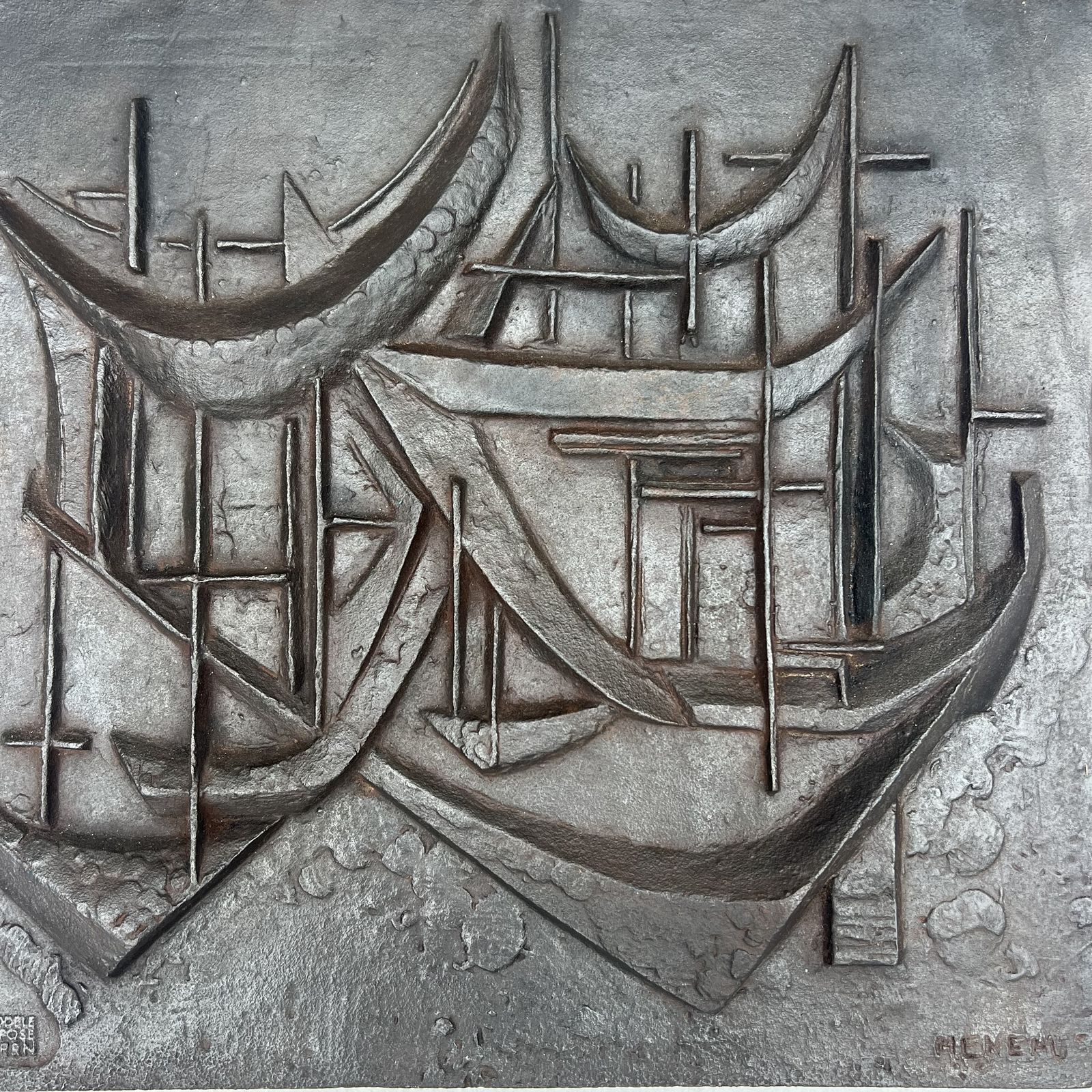 photo vintage Modernist Cast Iron Fireback "The Sailboats" Signed