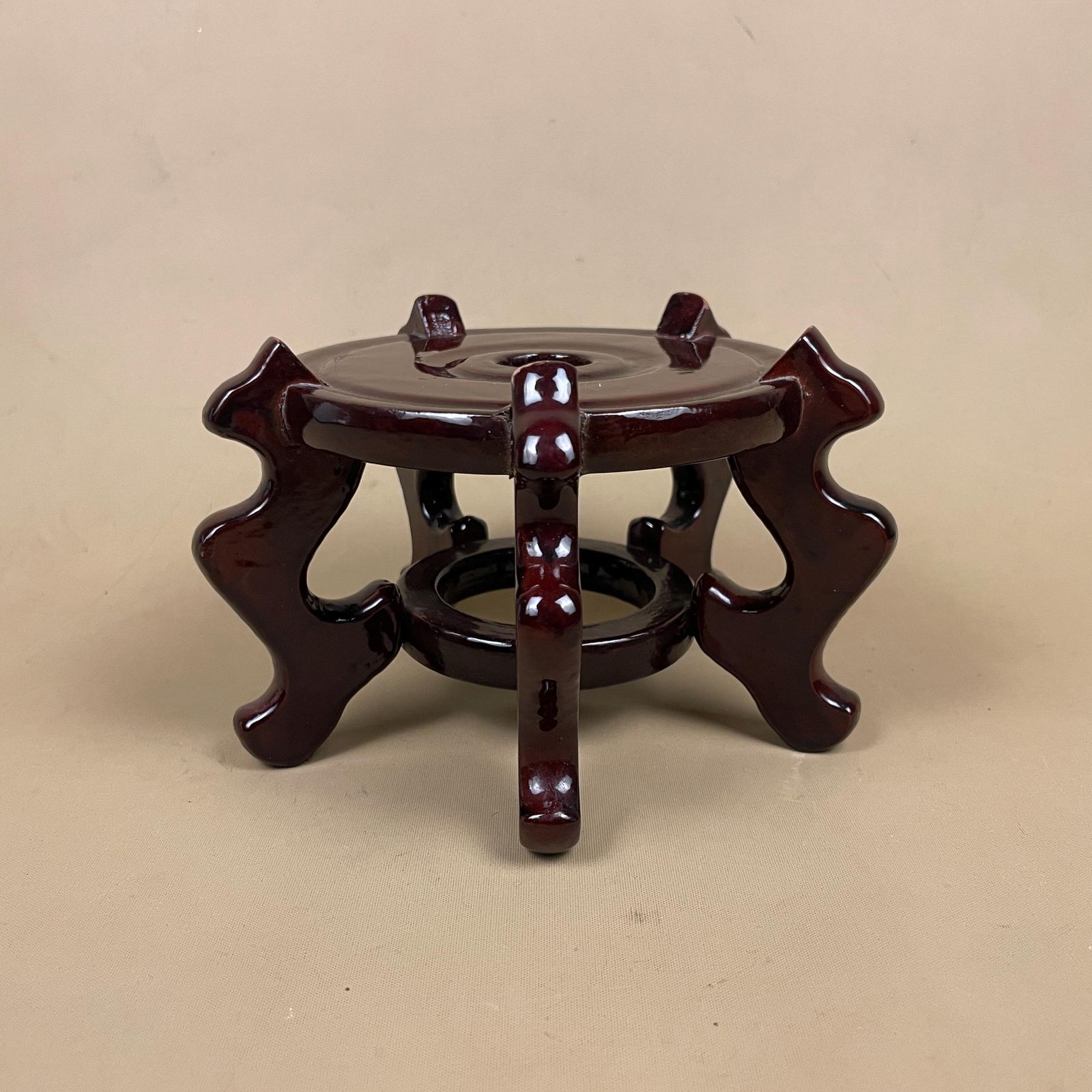 Vintage Wooden Oriental Plant / Pot Stand Round Circle Top Dark Finished Wood Small Asian Style Chinese Table Top Ornament Stand Varnished