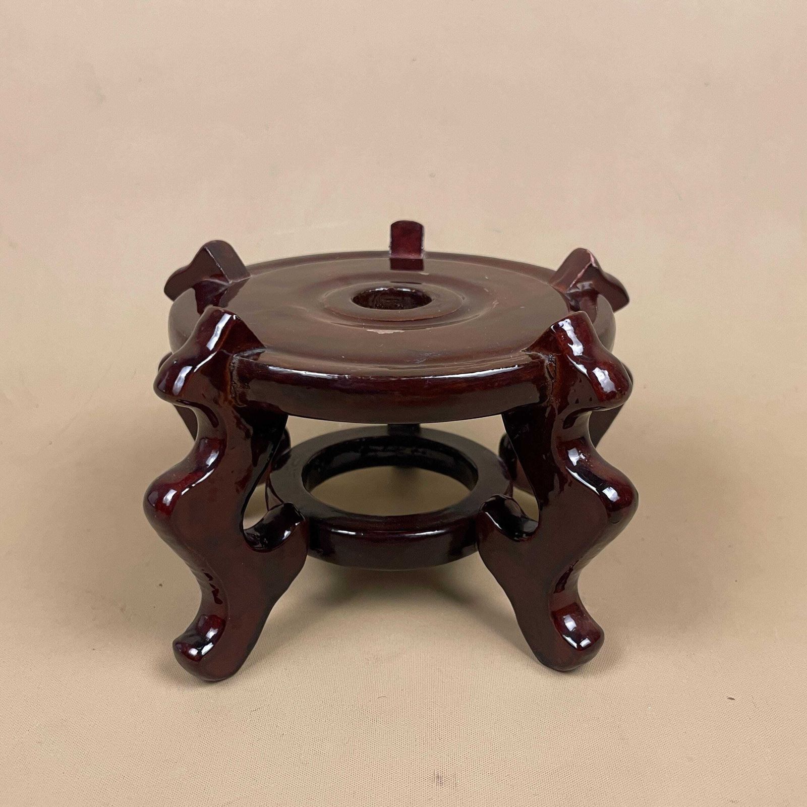 Vintage Wooden Oriental Plant / Pot Stand Round Circle Top Dark Finished Wood Small Asian Style Chinese Table Top Ornament Stand Varnished photo furniture