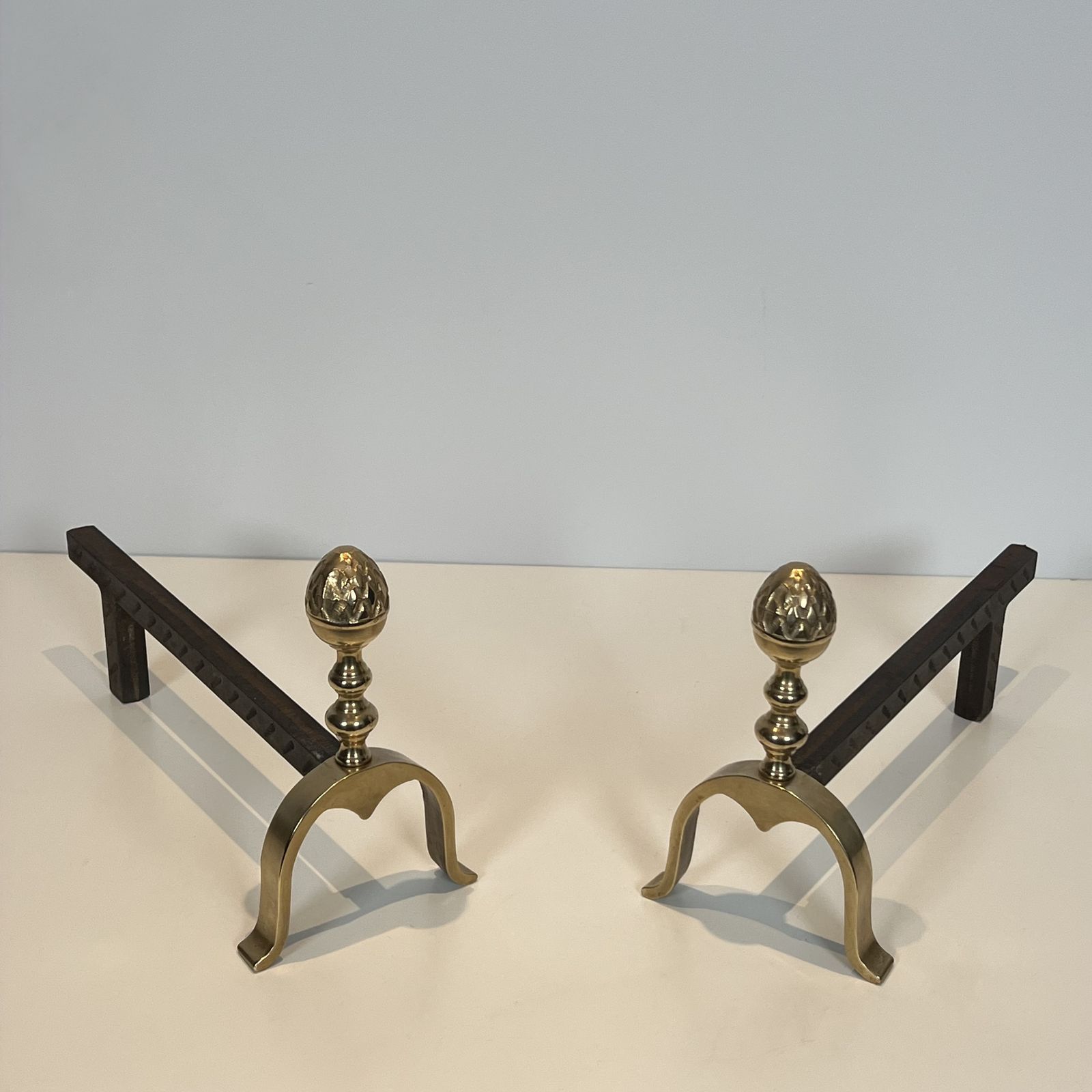 Pair Of Neoclassical Style Brass Andirons With Pine Cones photo for sale