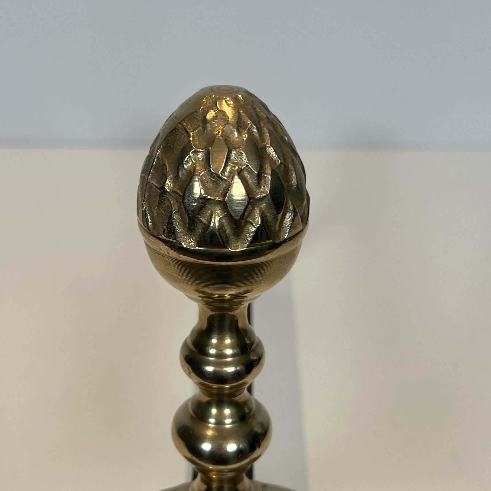 photo for sale Pair Of Neoclassical Style Brass Andirons With Pine Cones