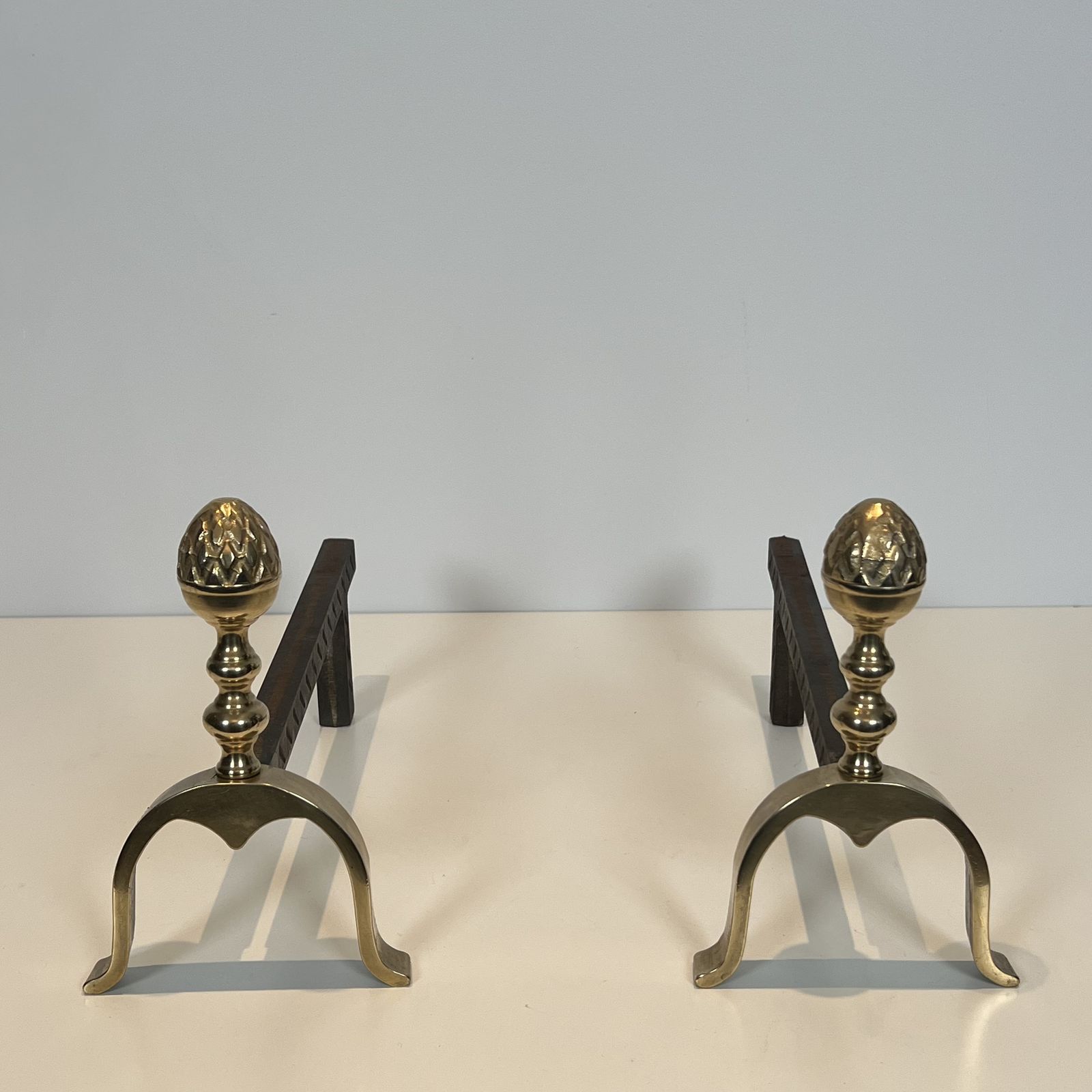 photo buy Pair Of Neoclassical Style Brass Andirons With Pine Cones