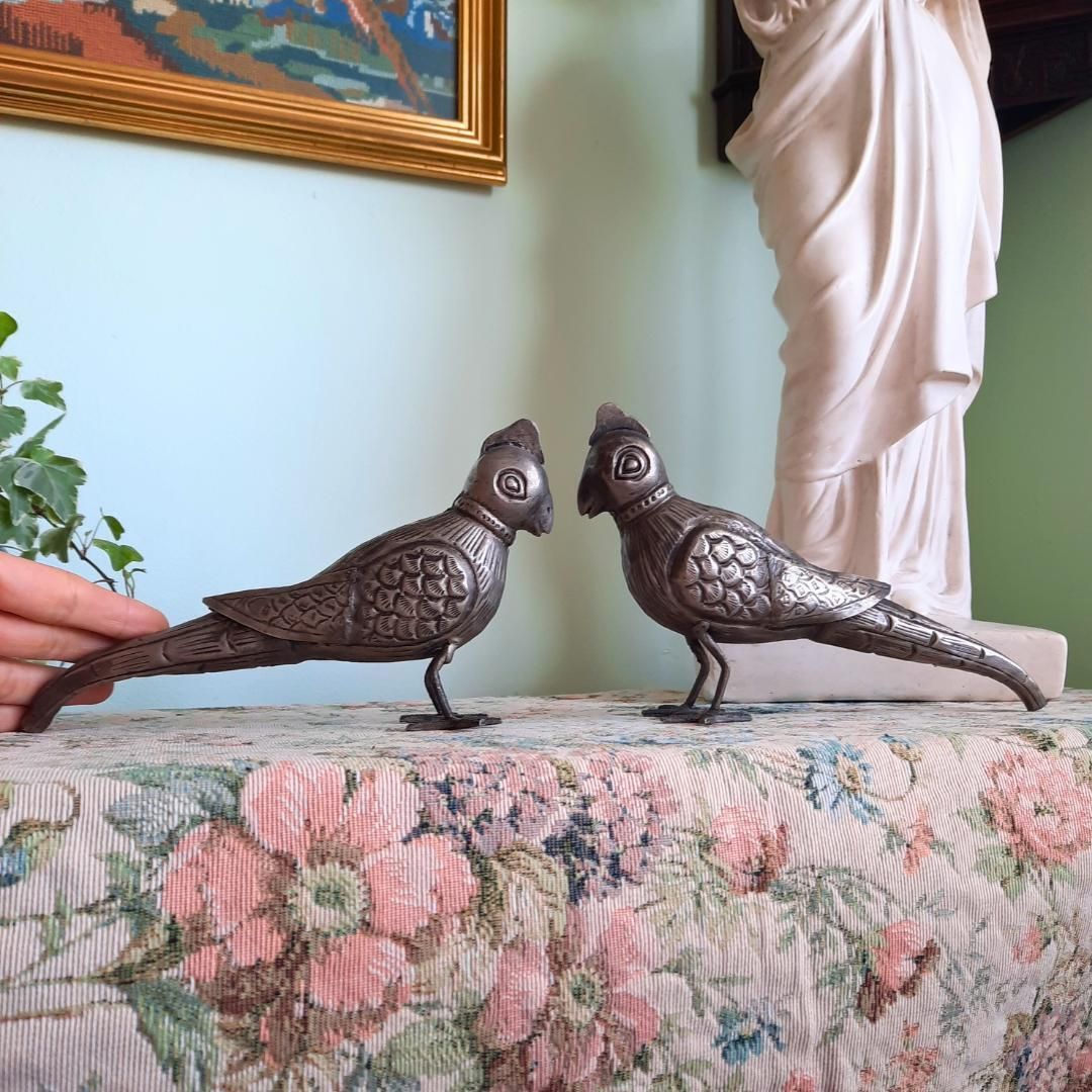 Rare Vintage Pair Of South Indian Handcrafted Tin White Metal Parrots Long 9''