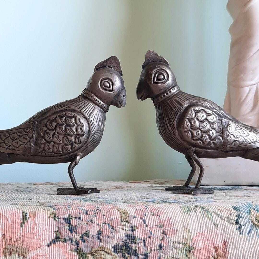 Rare Vintage Pair Of South Indian Handcrafted Tin White Metal Parrots Long 9'' photo furniture