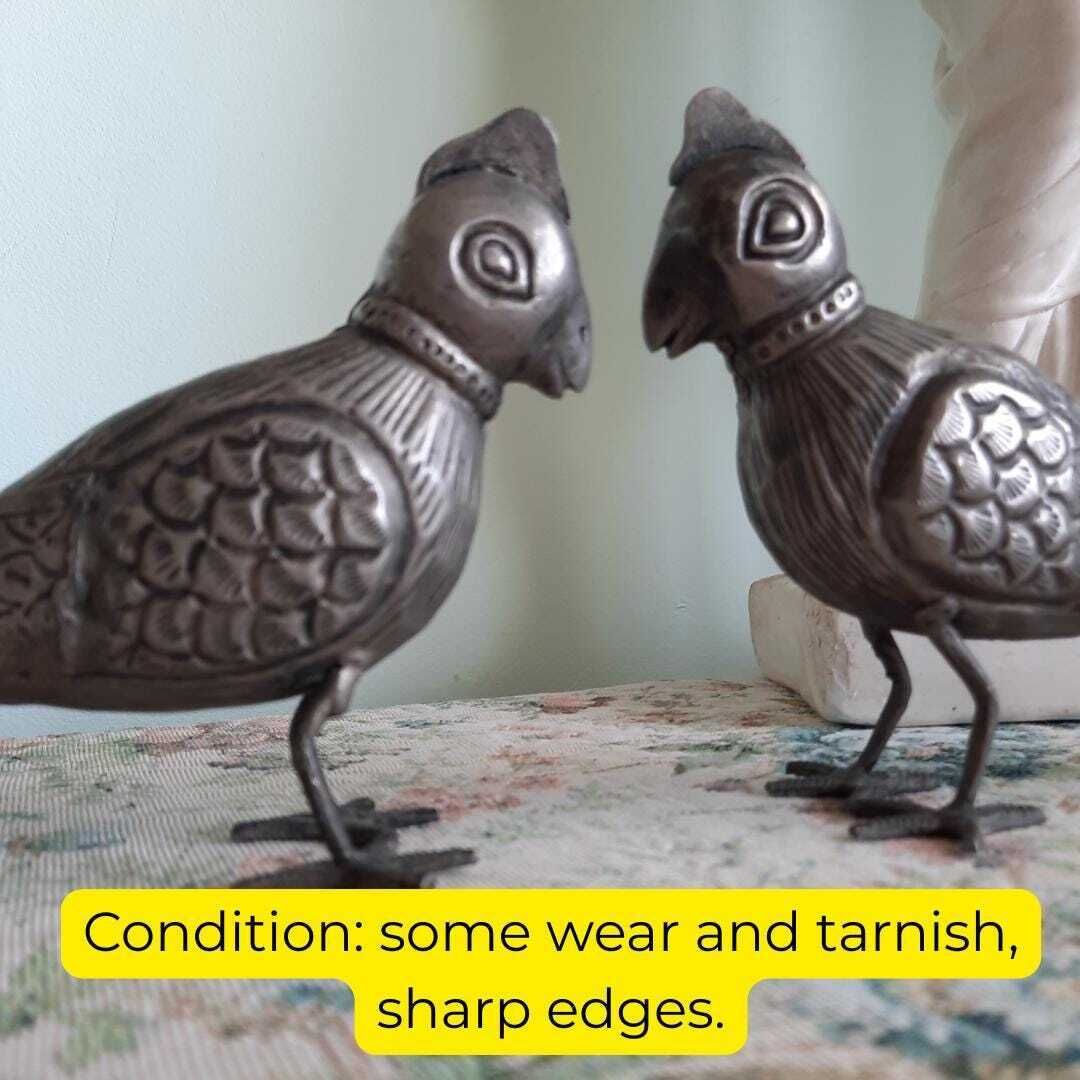 Rare Vintage Pair Of South Indian Handcrafted Tin White Metal Parrots Long 9'' photo Art