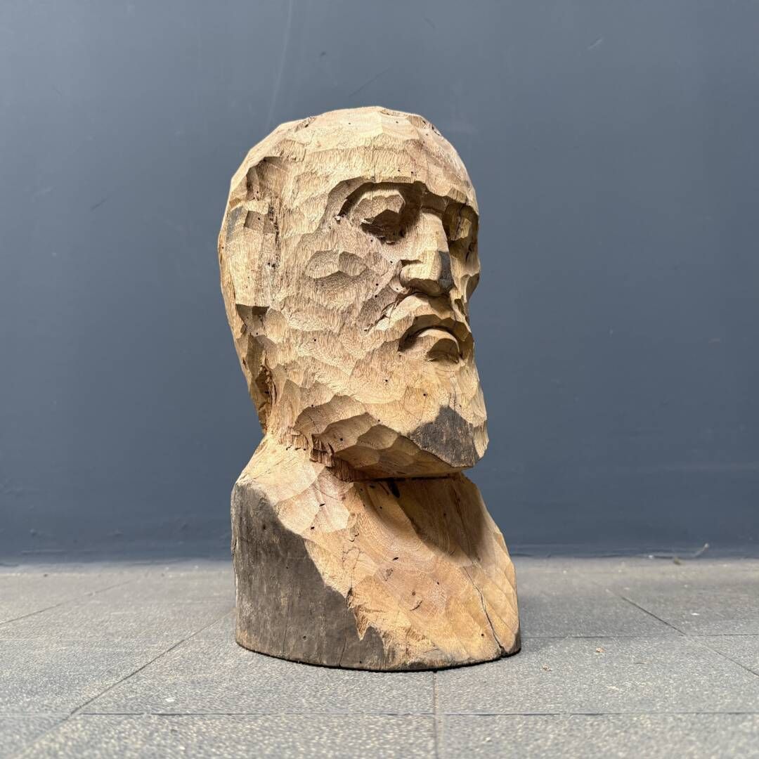 A Wooden Carving Of A Man's Head Or Bust With A Beard photo for sale