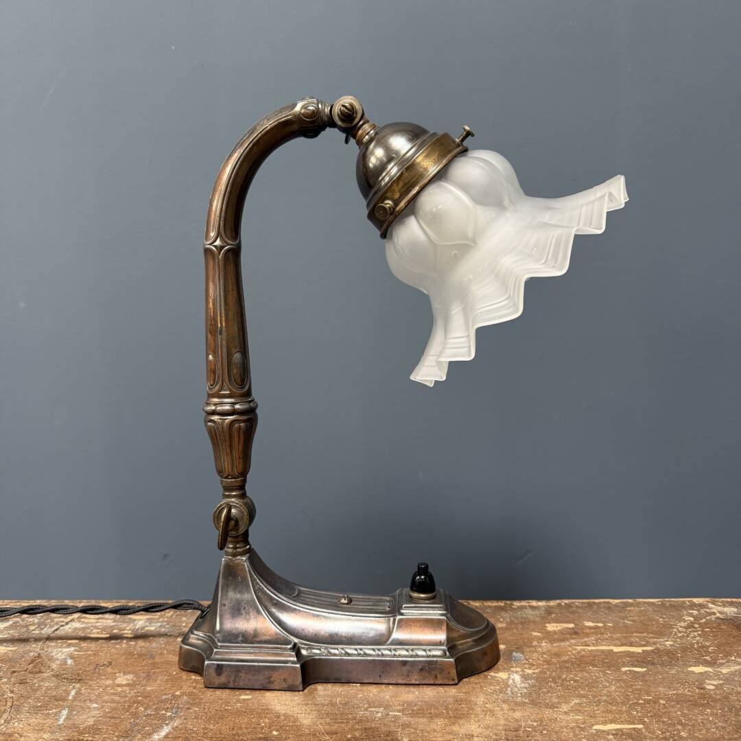 Antique Art Nouveau Table Lamp With Frosted Glass Shade
