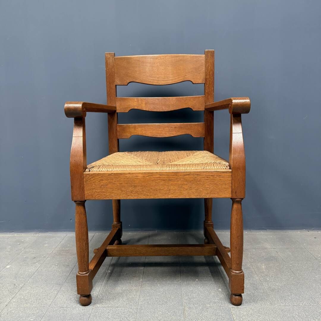 Set Of Two Dutch Oak Armchairs With Sewn In Seat Cushions photo vinterior