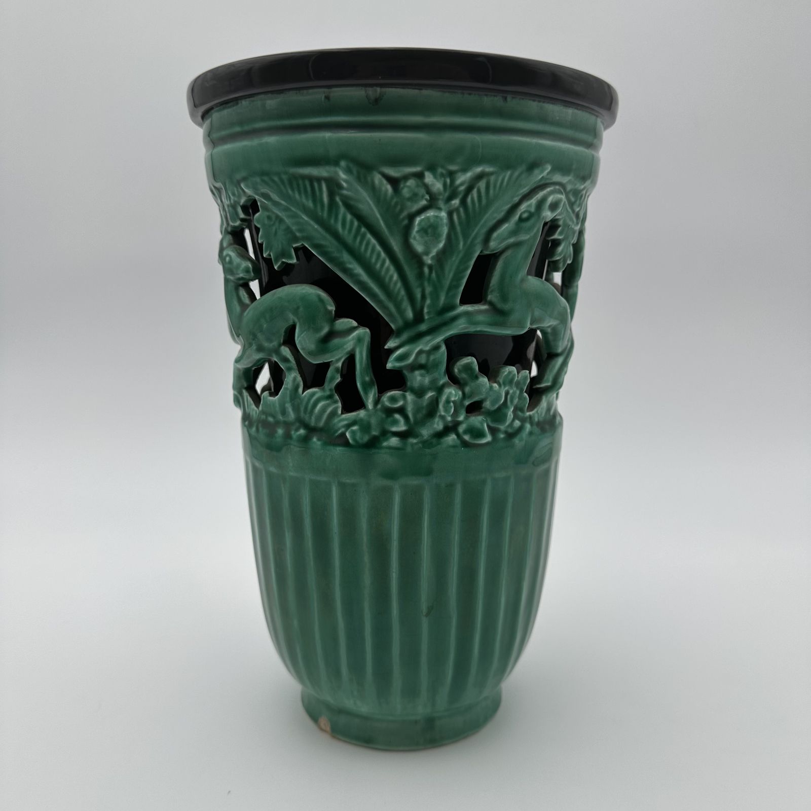 Green Ceramic Vase Decorated With Deer – Signed By Sainte Radegonde, Circa 1970 photo furniture