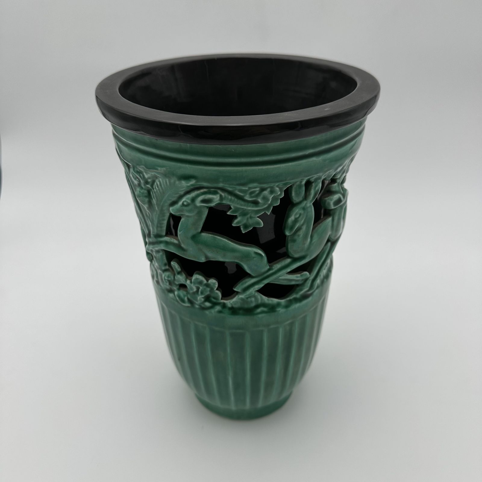 Green Ceramic Vase Decorated With Deer – Signed By Sainte Radegonde, Circa 1970 photo vinterior