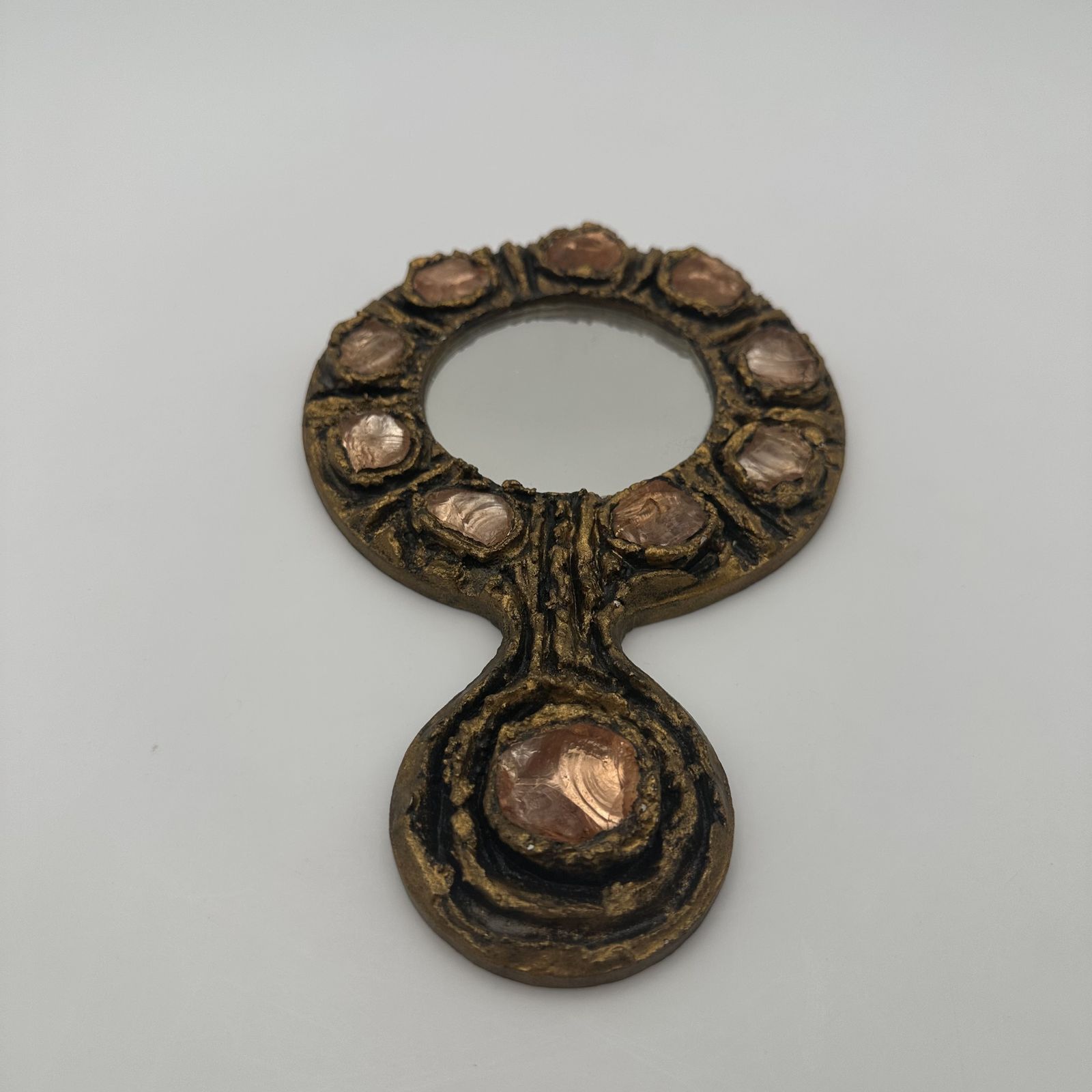 Hand Mirror In Gilded Metal, In The Style Of Line Vautrin – Italian Work Circa 1970 photo for sale