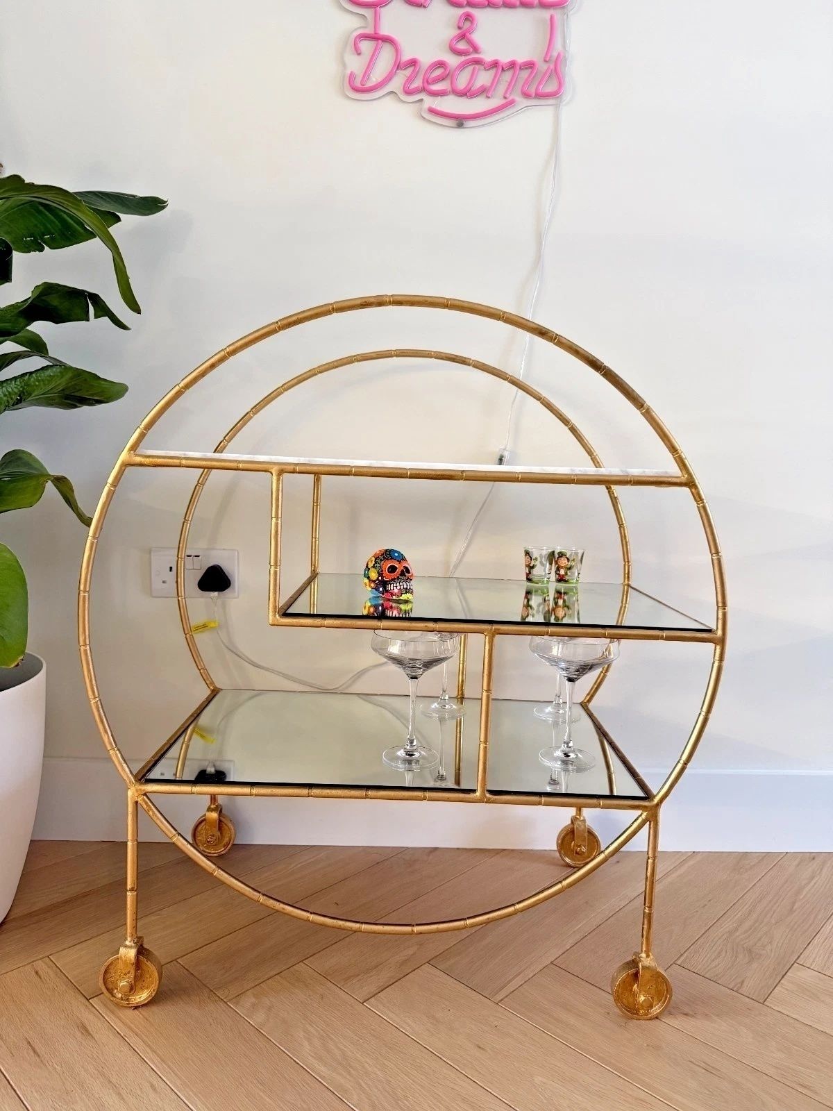 Oliver Bonas Luxe Round Bamboo Gold Drinks Trolley / Bar Cart