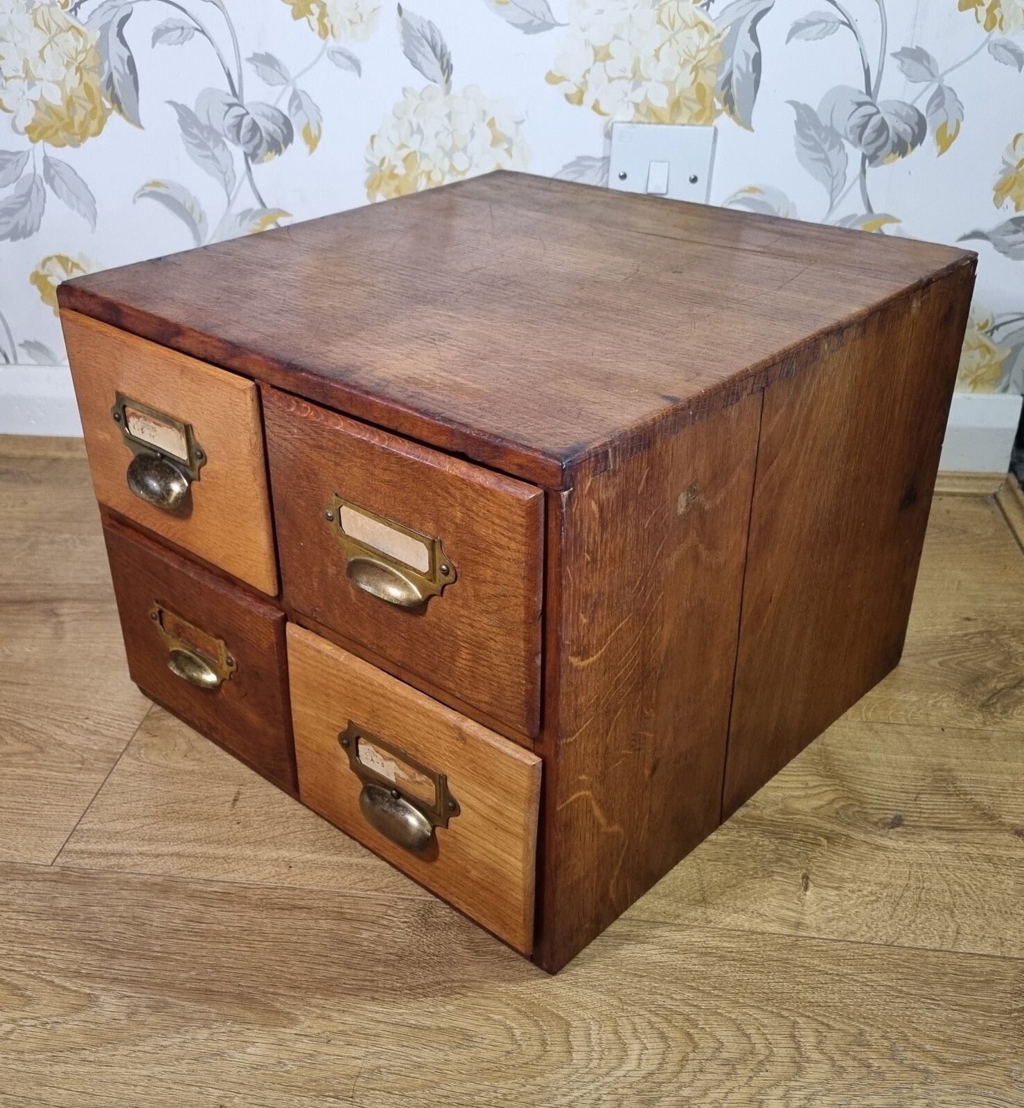 Vintage 4 Drawers Wooden Desk Table Top Storage Cabinet Index Card Filing Box photo for sale