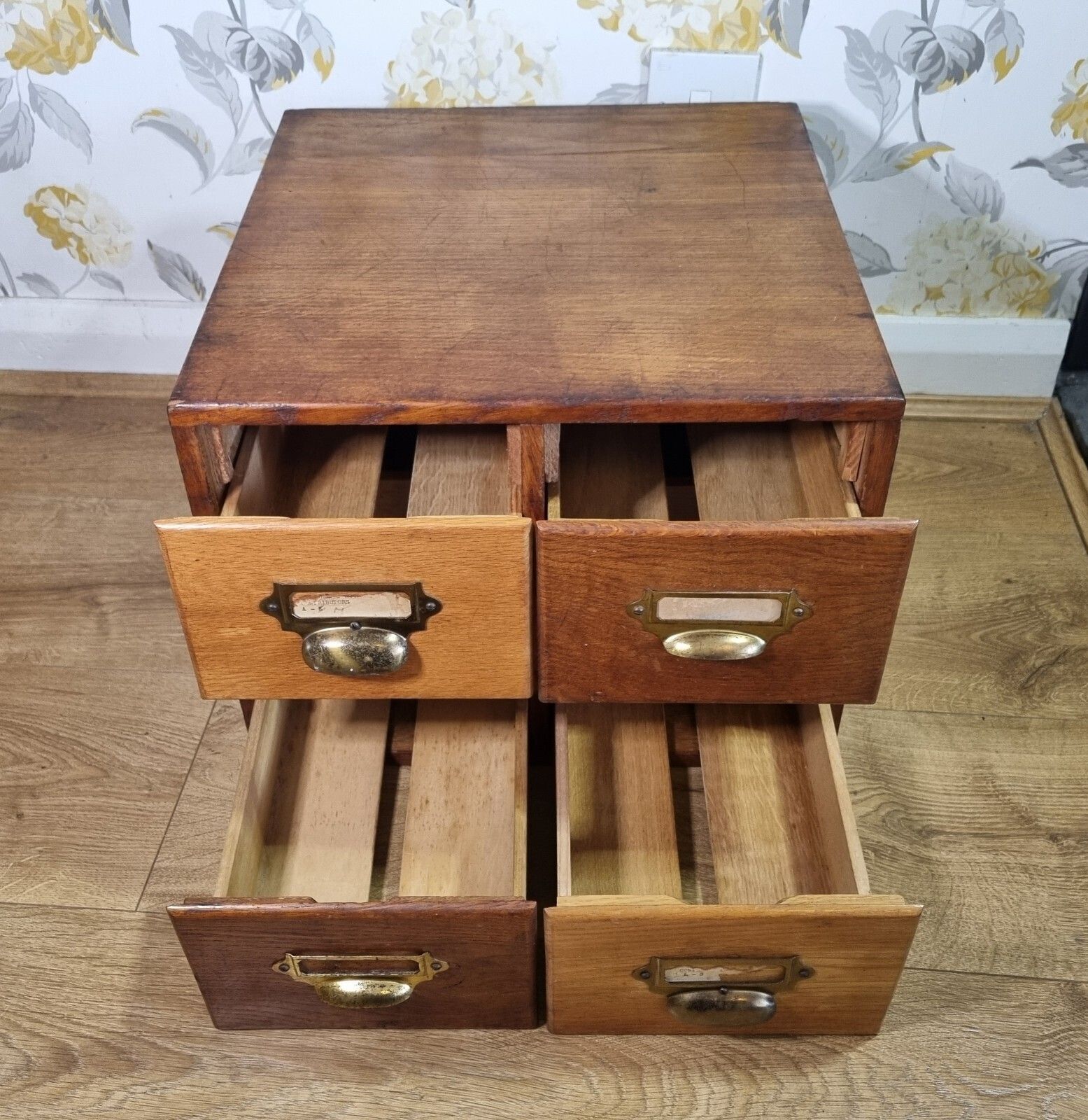 Vintage 4 Drawers Wooden Desk Table Top Storage Cabinet Index Card Filing Box photo vinterior