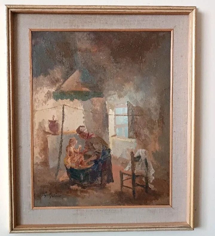 Interior Oil On Panel Painting By Guido Guidi, 1940s/50s photo furniture