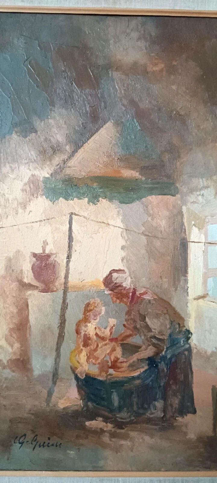 Interior Oil On Panel Painting By Guido Guidi, 1940s/50s photo vintage