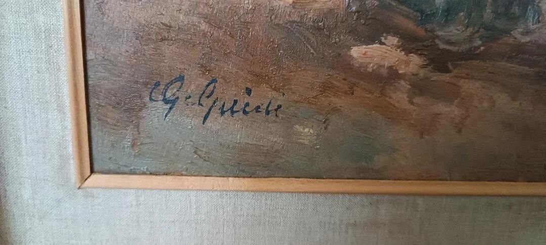 photo furniture Interior Oil On Panel Painting By Guido Guidi, 1940s/50s