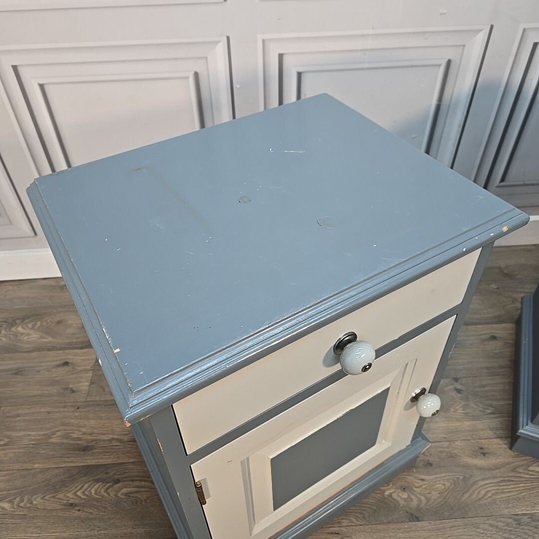 Pair Vintage Bedside Cabinets Painted Cupboards   Wood Pine Tables Drawers Retro photo for sale