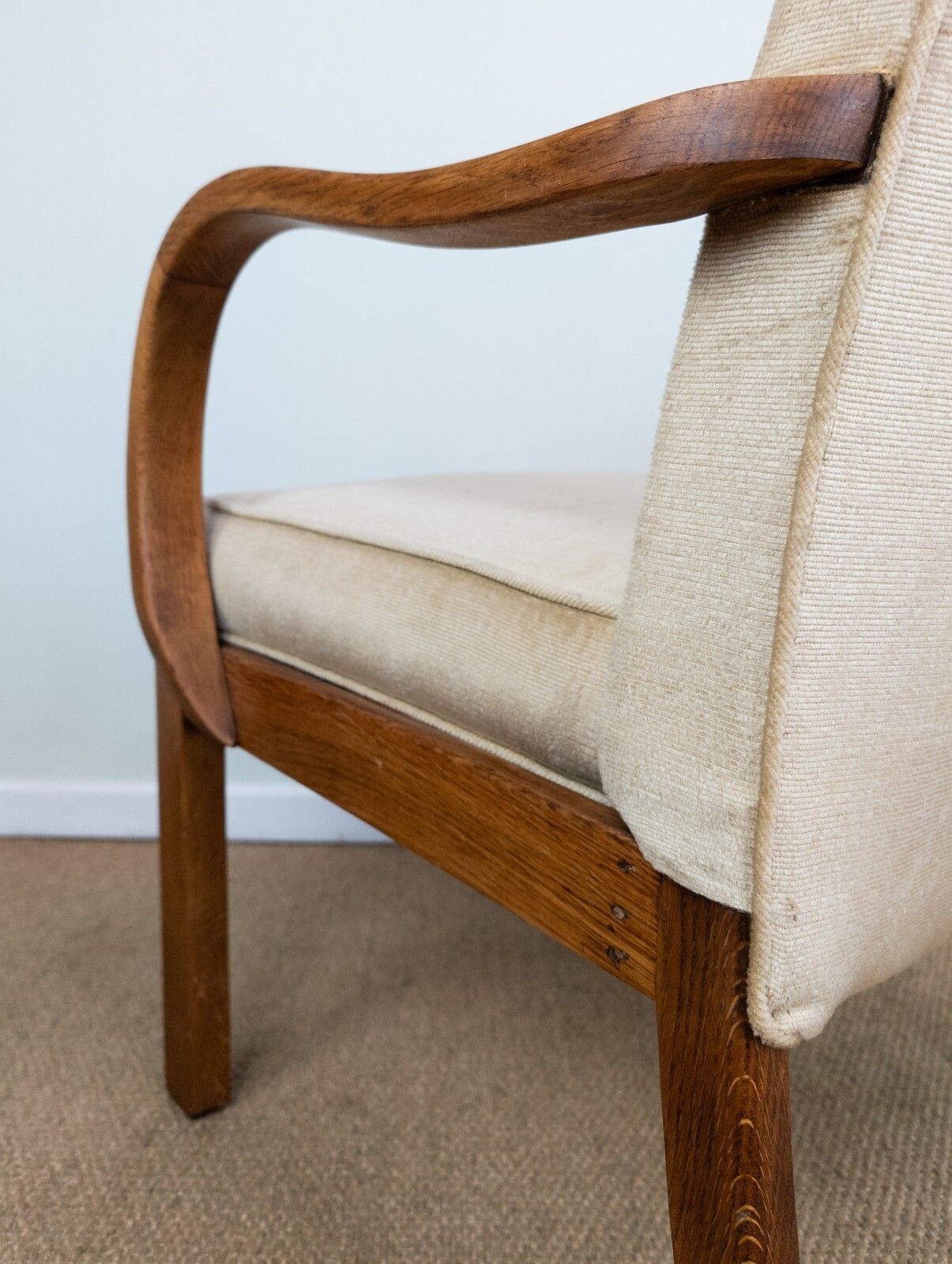 photo for sale Vintage Mid Century Parker Knoll Cream Upholstered Oak Framed Bentwood Armchair