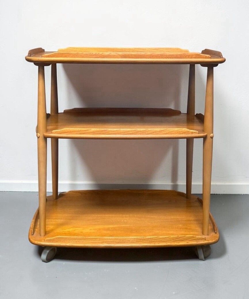 photo vinterior Ercol Blonde Windsor Trolley Coffee Table Three Tier Elm And Beech Retro C1960s