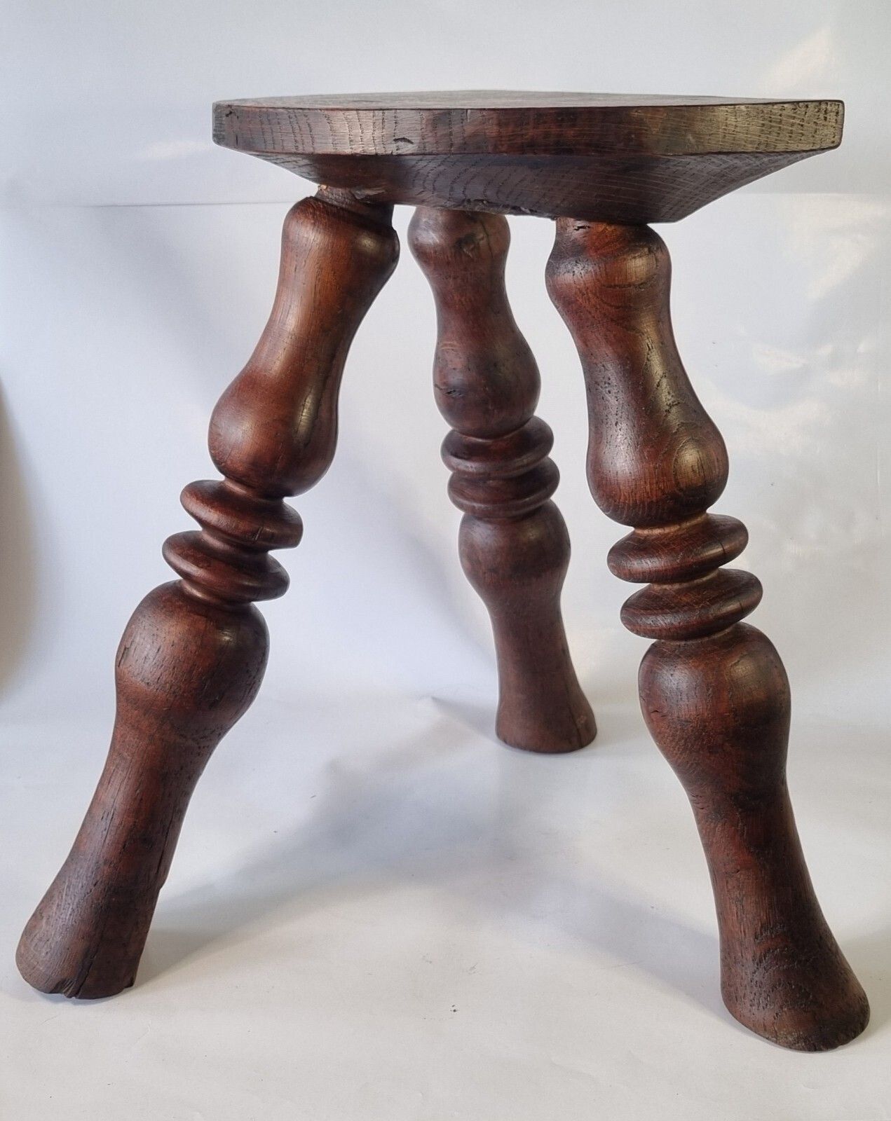 Antique Oak French Stool Demi Lune Tripod Turned 3 Leg Plant Stand photo for sale