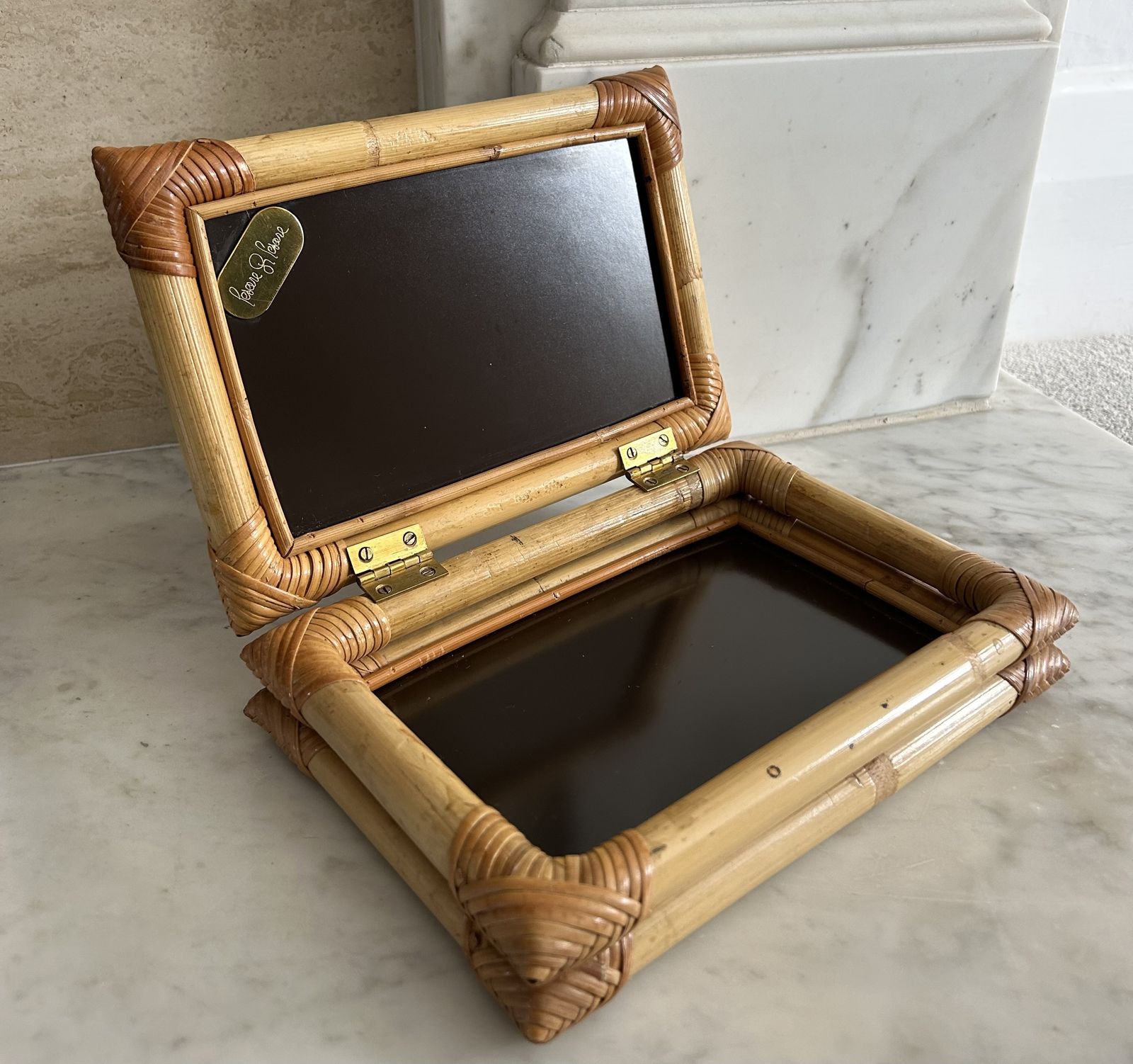 Vintage Bamboo Rattan & Bakelite Rectangular Box Made In Italy 1970s By Cesare Di Cesare