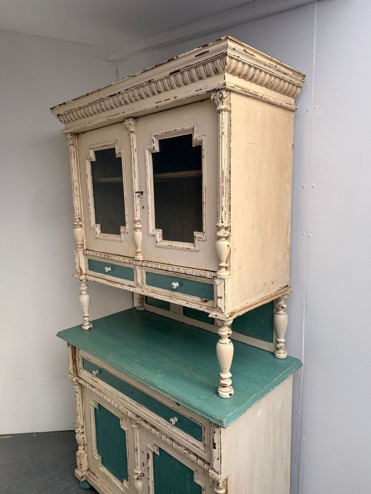 A Genuine Hungarian Original Painted Cream & Teal 2 Piece Victorian Dresser photo furniture