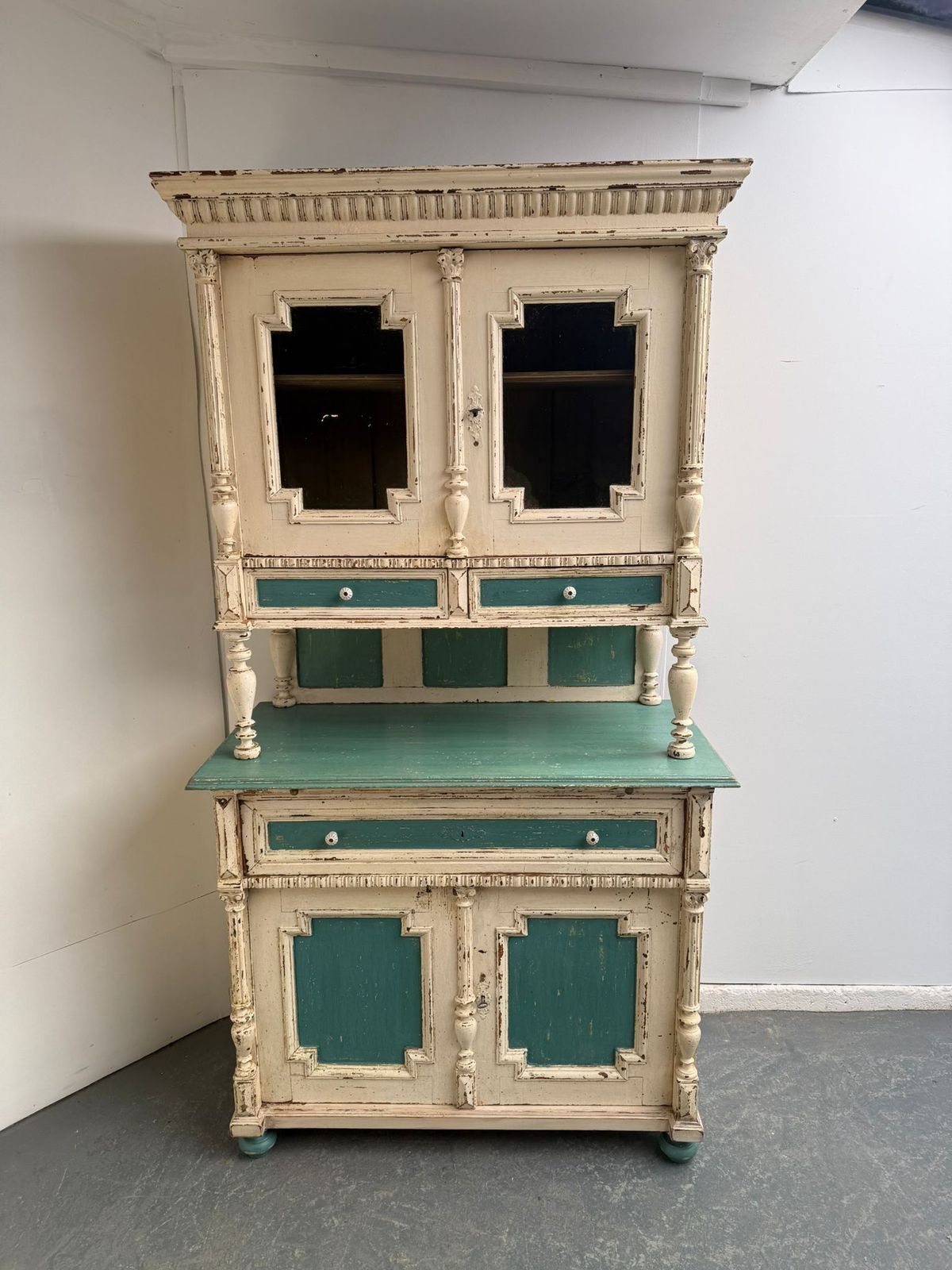 A Genuine Hungarian Original Painted Cream & Teal 2 Piece Victorian Dresser photo buy