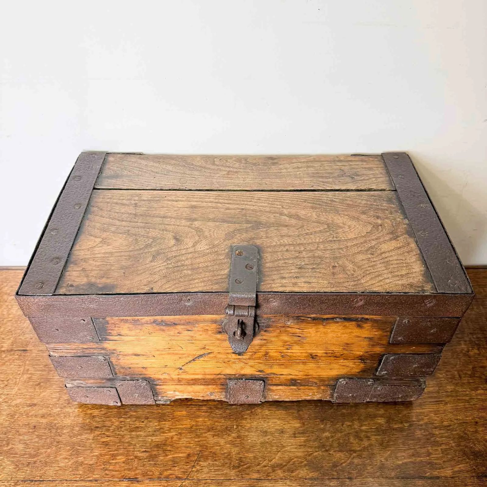 Antique Elm And Pine Iron Bound Strongbox photo furniture