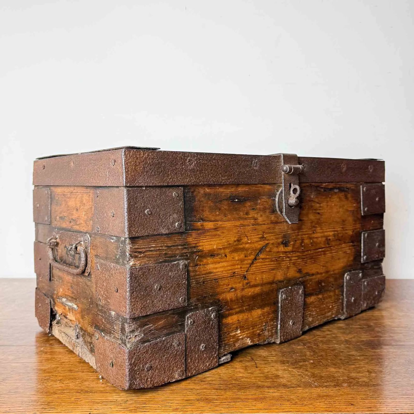 Antique Elm And Pine Iron Bound Strongbox photo for sale