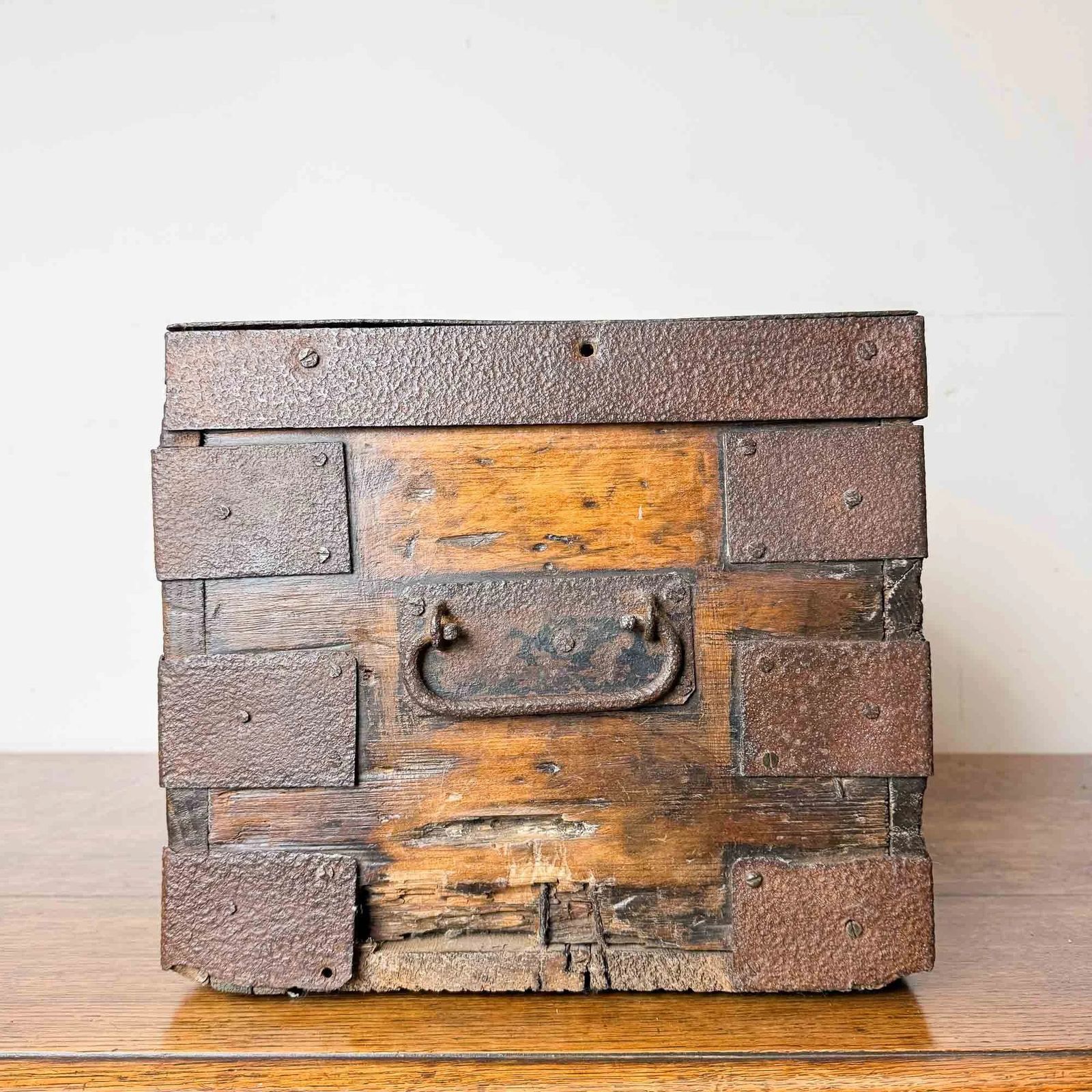 Antique Elm And Pine Iron Bound Strongbox photo Home Decor