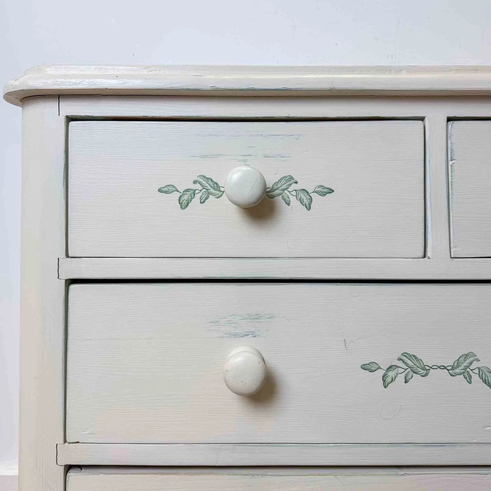 Vintage Painted Pine Chest Of Drawers With Leaf Decoration photo vinterior