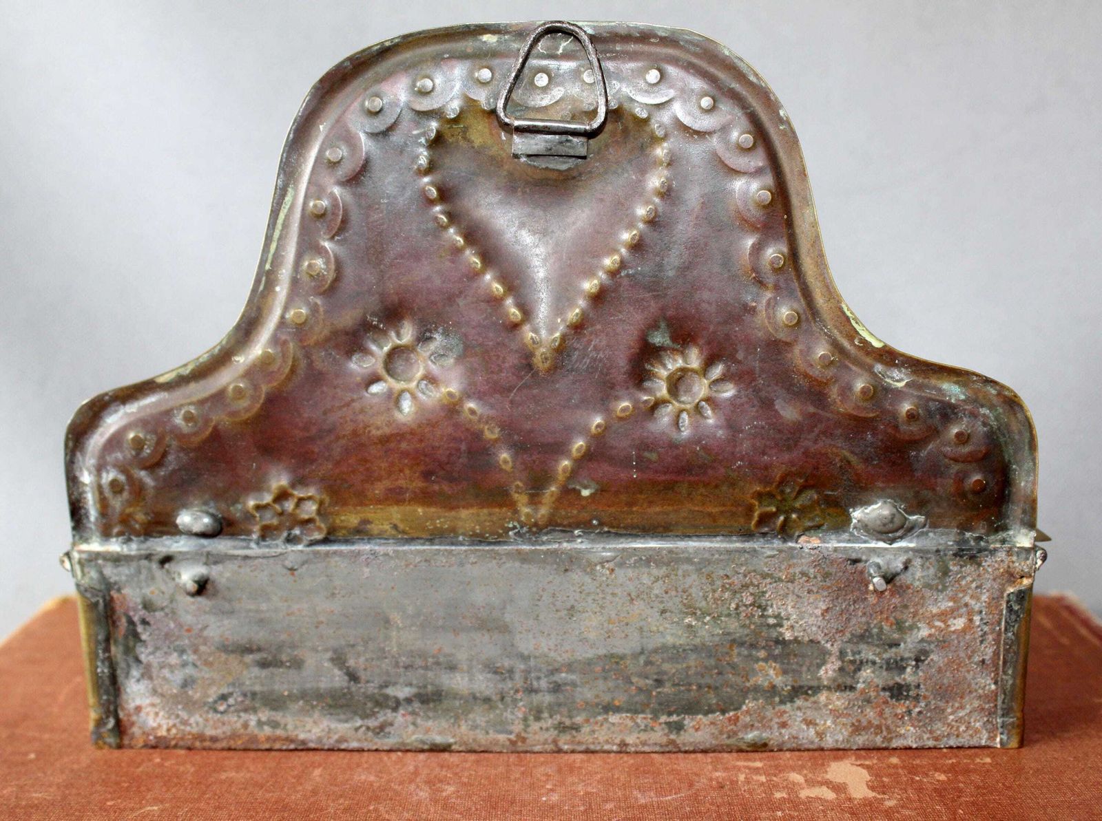 photo buy Antique Brass Candle Box, Brass Sheet Repousse Trinket Box, Wall Hanging Or Table Top, Embossed Heart And Flowers, Country Farmhouse