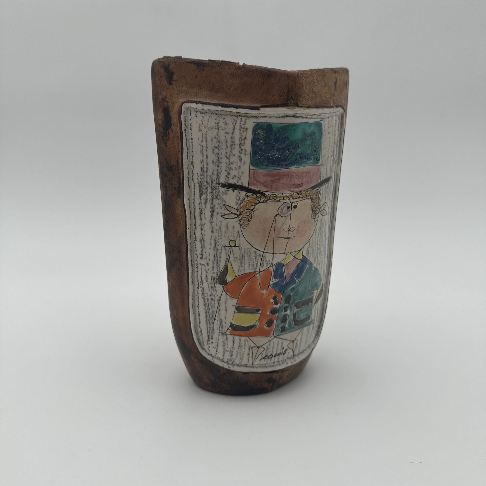 Ceramic And Painted Leather Vase – De Coccio, Italy, 1950s photo for sale