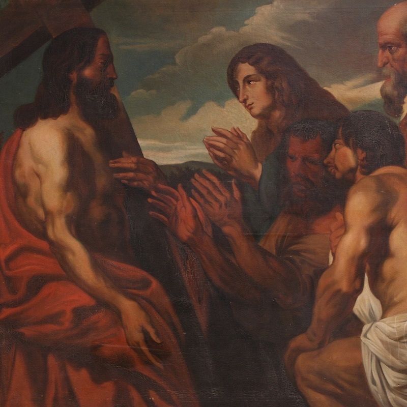 Tableau flamand du XIXe siècle, Le Christ pardonnant aux pécheurs repentants photo for sale