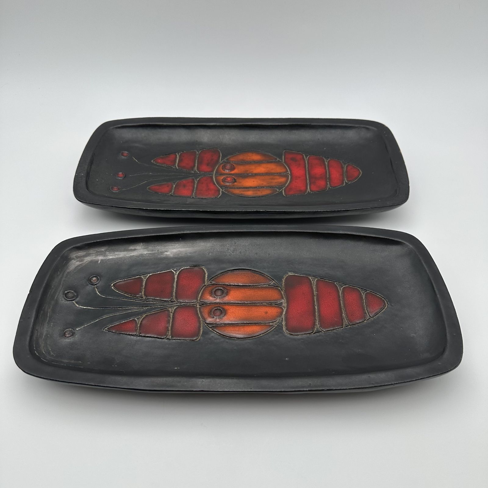 Pair Of Black Ceramic Dishes With Fish Decoration By Oswald Tieberghien Circa 1970 photo for sale