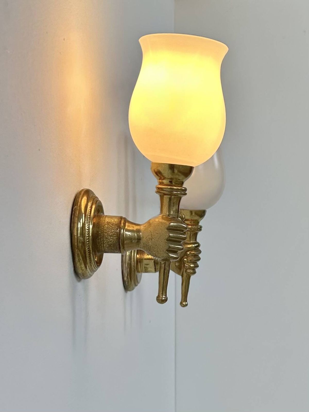 Pair Of Vintage Wall Lights, Maison Jansen, Brass And Opaline, France, 1960. photo buy