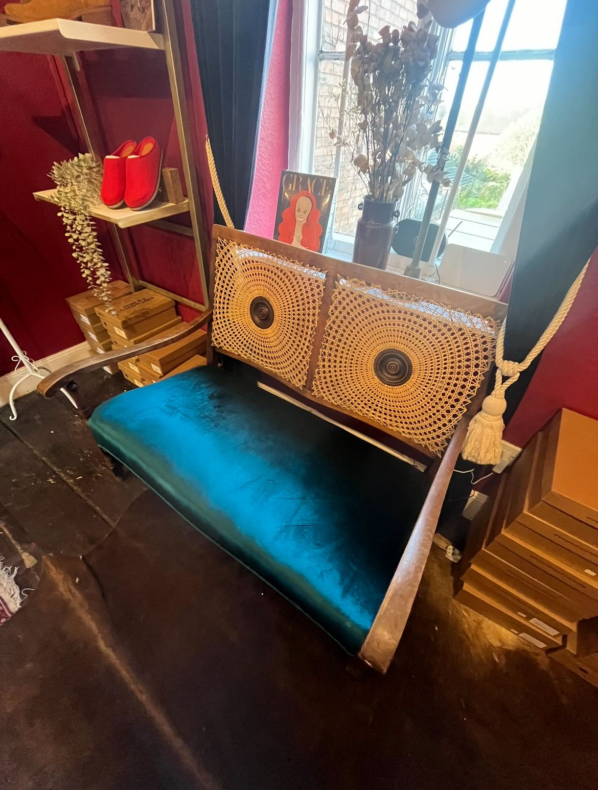 Unique 2 Seater Teal Bergere Velvet Seat photo for sale